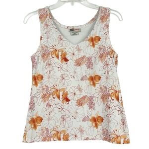 Vintage Y2K Faded Glory Floral Tank Top White Orange Built In Bra Stretch Size M